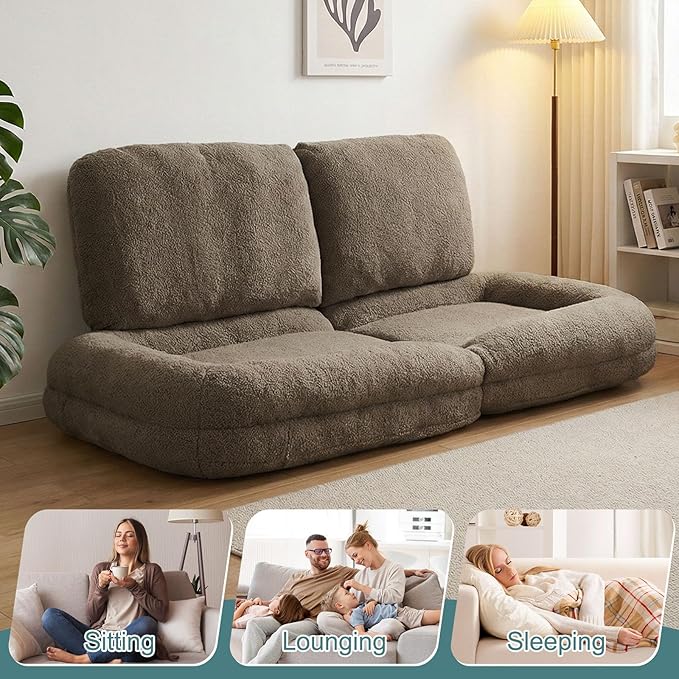 Human Dog Bed for Adults & Pets, 5-Position Adjustable Floor Chair, Convertible Lazy Sofa Bed with Metal Frame & 2 Pillows, Plush Gaming Lounge for Living Room Bedroom Office (Taupe)