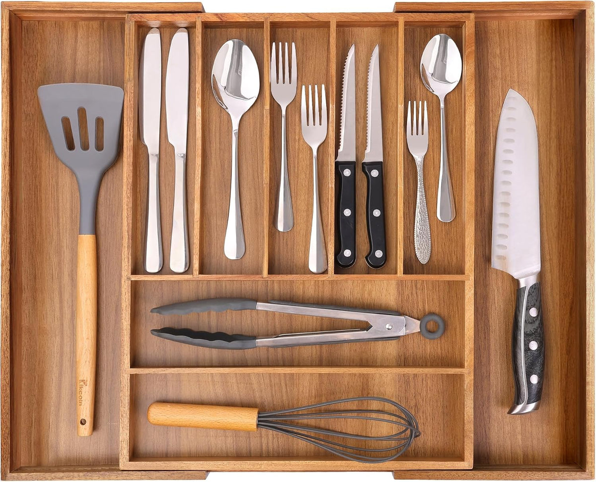 Bellsal Acacia Silverware Organizer Kitchen Drawer Organizer Expandable Bamboo Utensil Holder Cutlery Tray for Kitchen Utensil and Flatware Bedroom Office