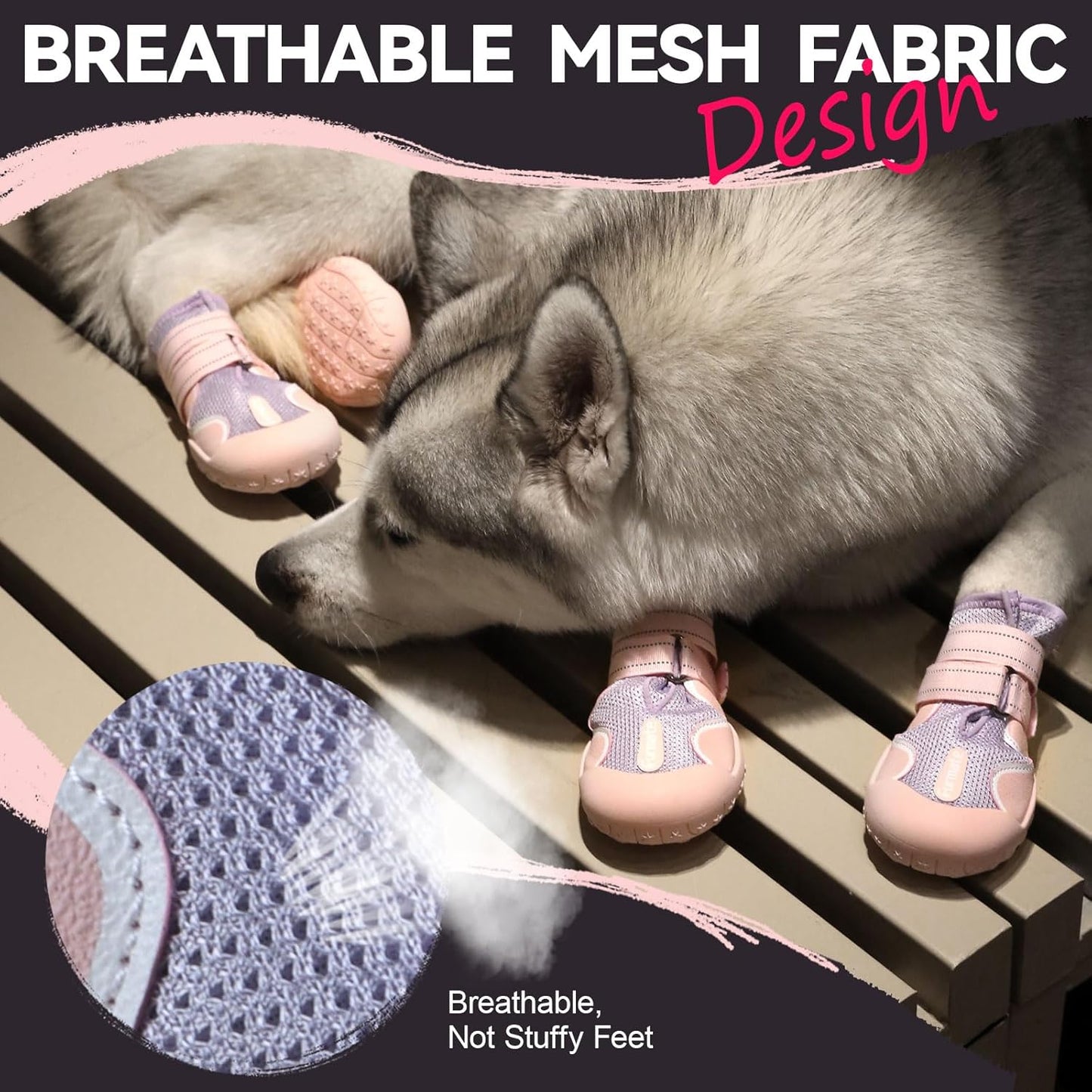 Dog Shoes for Large Small Medium Dogs, Breathable Mesh Dog Boots & Paw Protectors for Summer Hot Pavement Winter Snow, Waterproof Anti-Slip Dog Booties for Hiking Hardwood Floors(Pink-Purple7)
