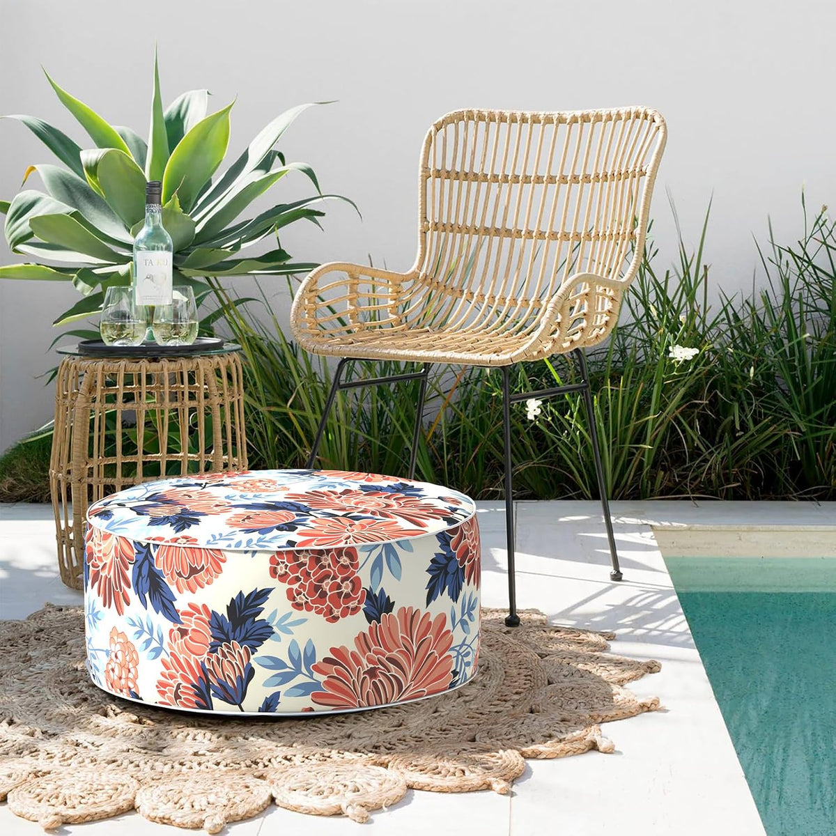 Indoor/Outdoor Inflatable Ottoman with Handle, Decorative Fade-Resistant Round Footstool D21 x H9 inch, Portable Ottoman Pouf for Patio Garden Camping, Red Chrysanthemum