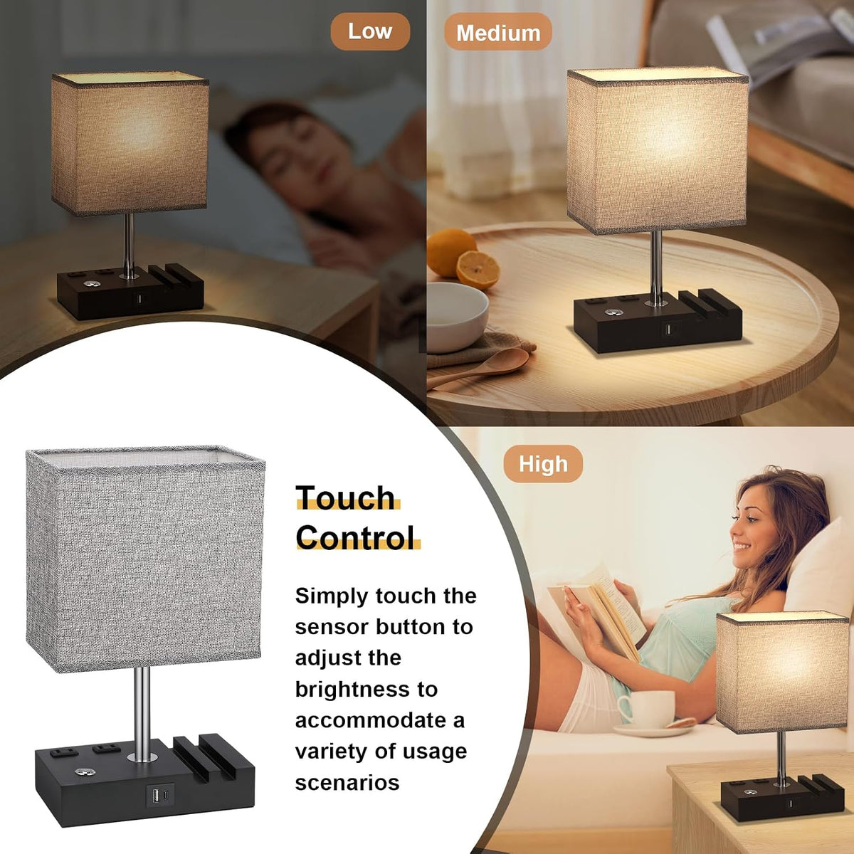 Touch Bedside Table Lamp for Bedroom, 3-Way Dimmable, USB C+A, 2 AC Outlets
