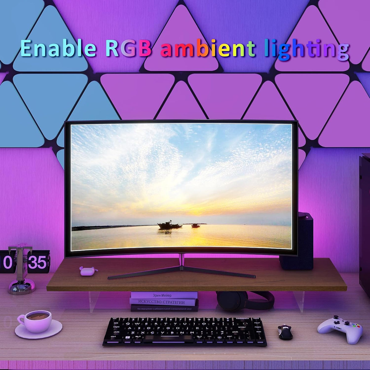 Monitor Stand Riser,Wood & Acrylic Computer Monitor Stand with LED Strip Light,Desk Accessories Desktop Organizer Stand for Computer,Laptop,Printer,PC & TV Screen
