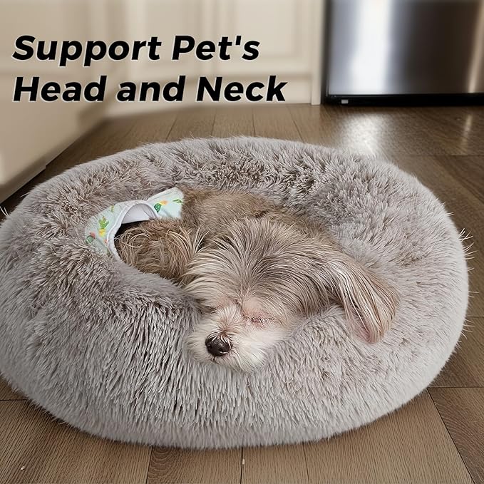 Calming Dog Bed & Cat Bed with Anti-Slip Bottom, Medium Size Washable Anti-Anxiety Donut Dog Beds for Small Dogs & Cats, Fluffy Plush Cozy Round Dog Bed(24 Inch, Brown)
