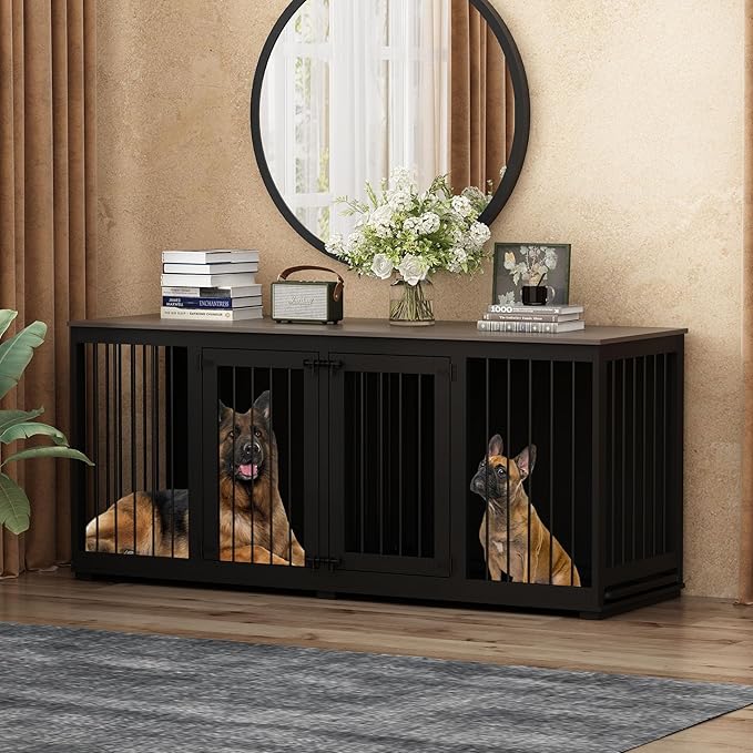Large Funiture Style Dog Crate for 2 Dogs, 70" Wooden Dog Kennel Furniture with Removable Divider & 2 Trays, Indoor Heavy Duty Dog House w/Double Rooms for Large Medium Dogs, Black