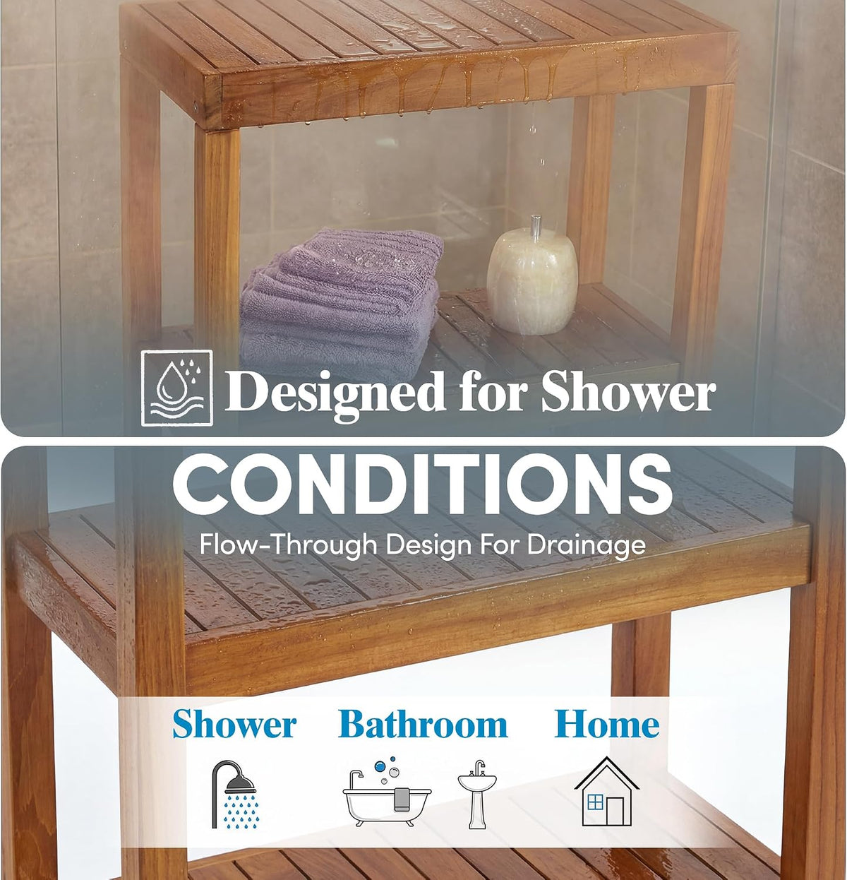 AquaTeak 12" Original Sula Rectangle Teak Bathroom Stand - Shower Stand with 3 Tier Shelf - Durable Water Resistant Shower Organizer - Space-Saving Storage Shelves with Anti-Slip Feet