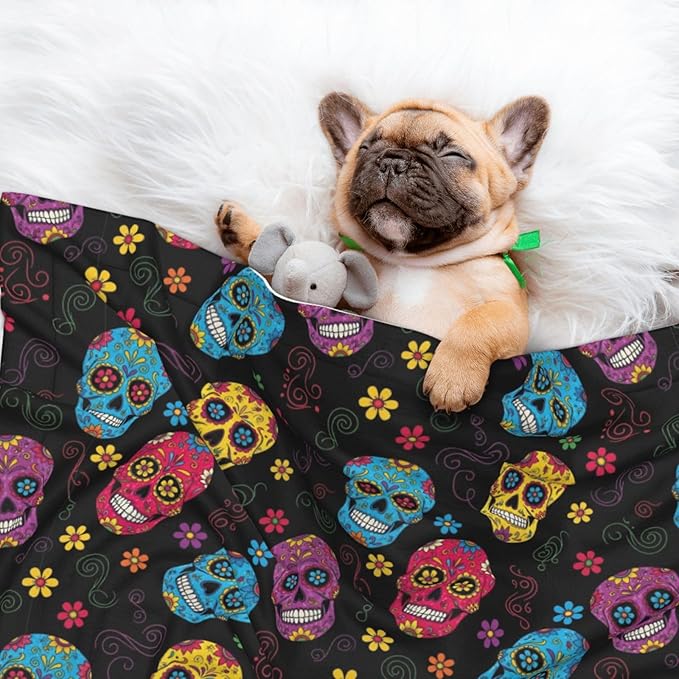 Pet Blanket for Indoor Outdoor Use, Sugar Skulls, Two Sided Reversible Plush Mat with Bumpy Dot Texture for Patios Crates Portable Bed Companion