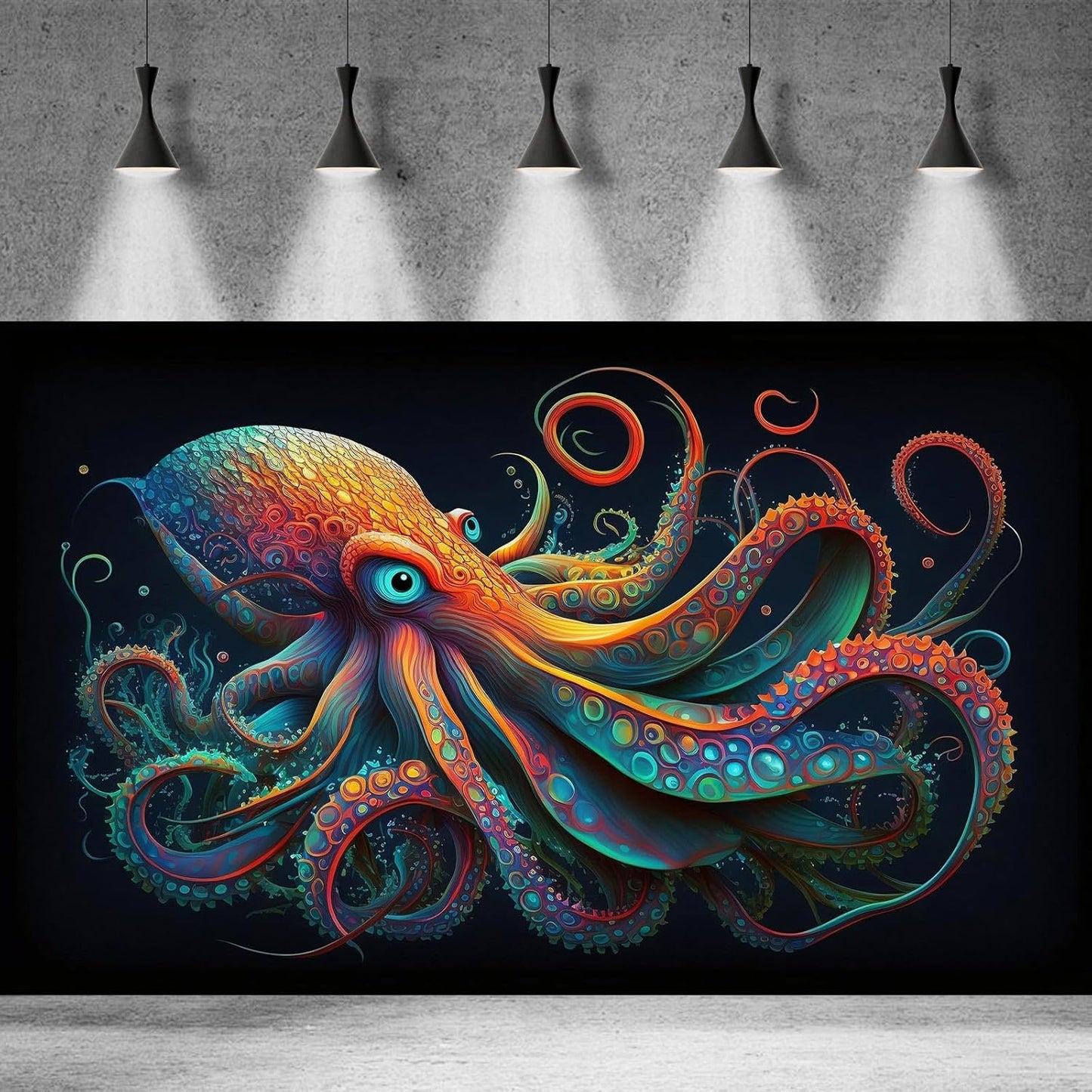 Octopus Aquarium Background Abstract Colorful Octopus Terrarium Background Glowing Octopus on Black Background Fish Tank Backdrop Poster Wallpaper Decorations Vinyl 48x18in