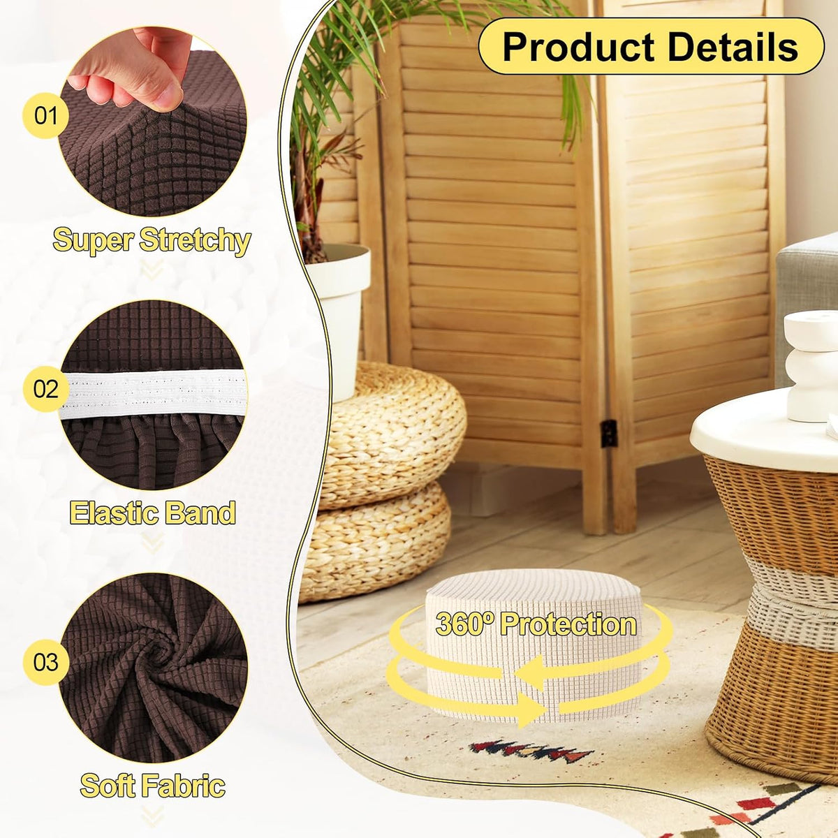 uxcell Ottomen Cover Round, Jacquard Ottomen Slipcover with Elastic Bottom Fit 76cm-104cm /29.9"-40.9" Diameter, Stretchable Footrest Stool Covers for Furniture Protector, Brown