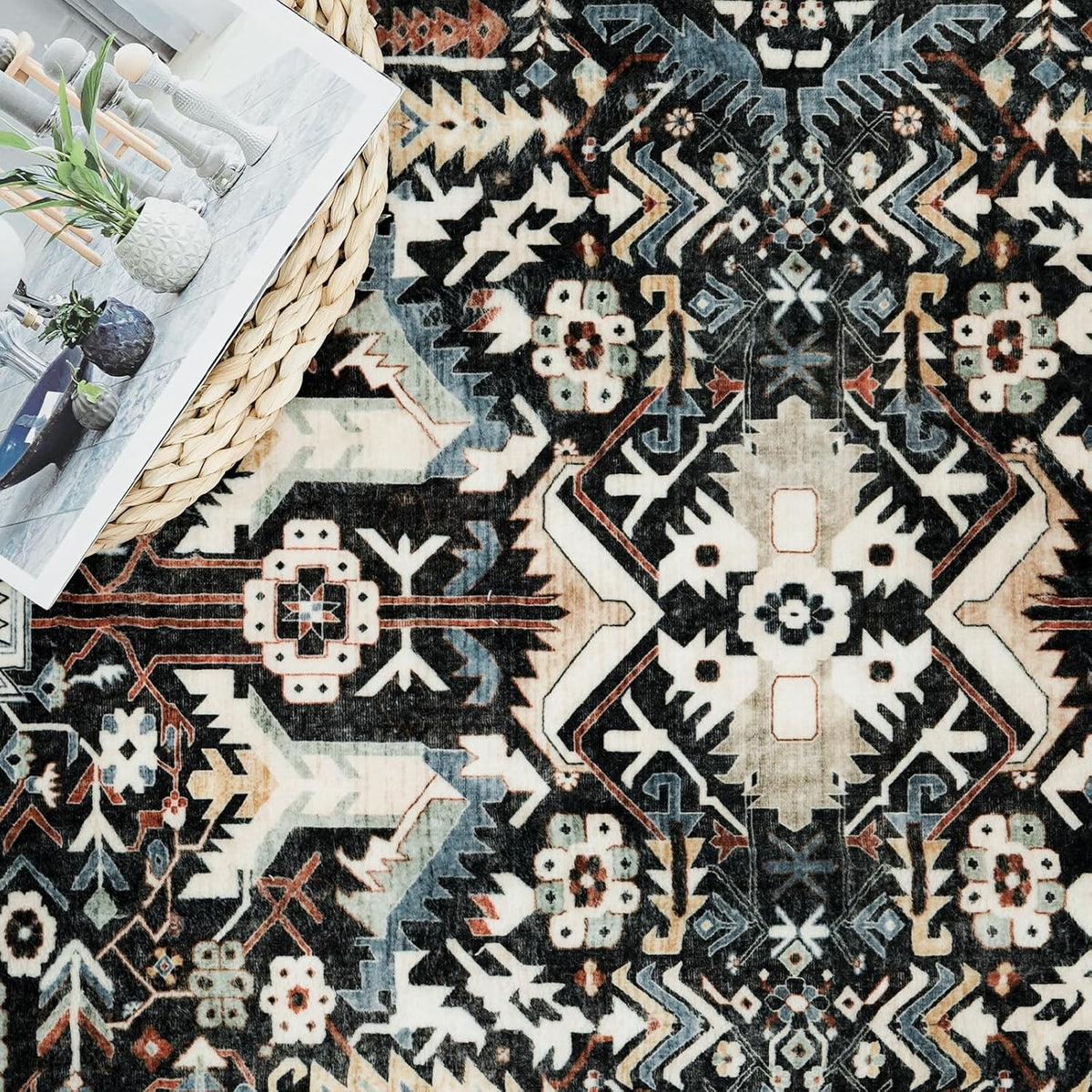 Washable Kitchen Runner Rug 2'6''x12' - Non-Slip Hallway Entryway Rugs with Rubber Backing Soft Thin Carpet for Bathroom Vintage Stain Resistant Indoor Home Decor Mat for Bedroom (Black, 2'6'' x 12')
