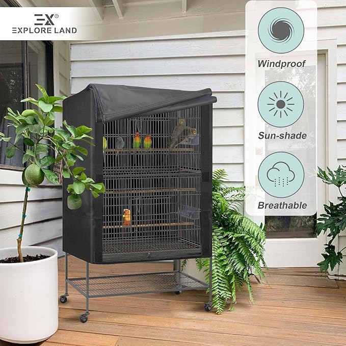 Explore Land Bird Universal Pet Cage Cover Good Night for Cats, Mink, Totoro, Parakeet, Parrot and Small Animals (Black, L)