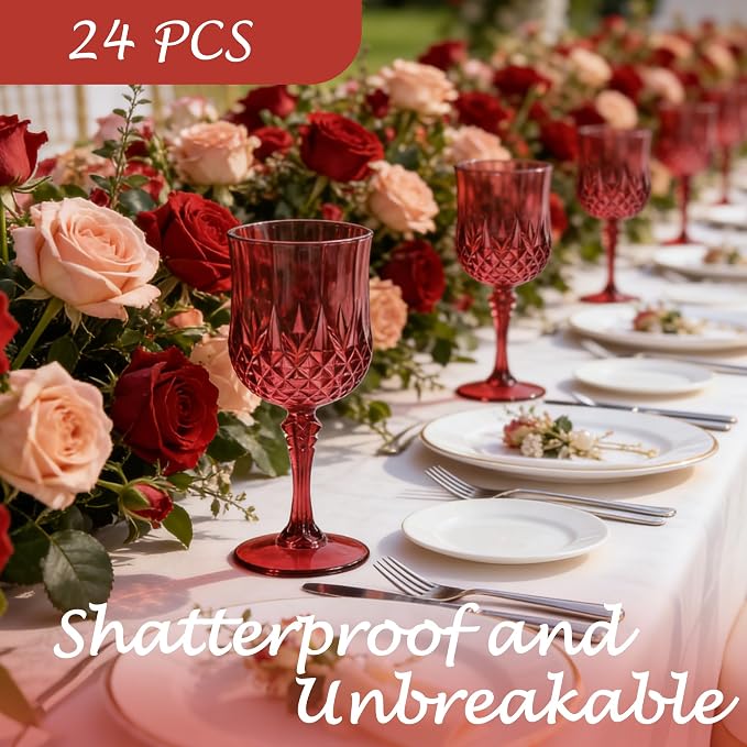 24Pack Plastic Wine Glasses, 7oz Vintage Goblets