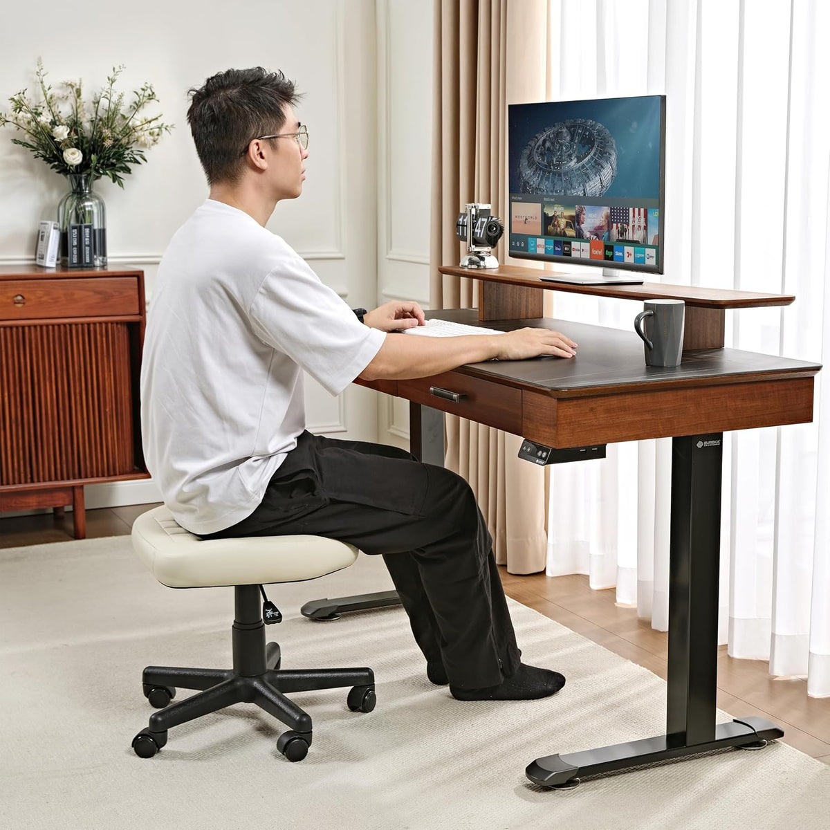EUREKA ERGONOMIC Multi-Use Foot Stool, Height Adjustable Footrest Stool with Wheels, 360°Swivel Leg Rest Rolling Chair, Rest Ottoman Under Desk for Home Office,Beige