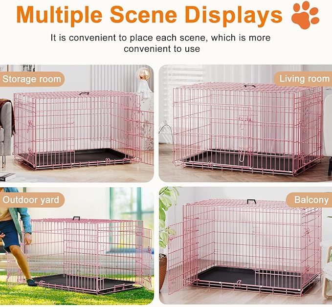 FDW Large Dog Crate 42inch Dog Cage Foldable Metal Kennel with Leakproof Tray Foldable Design Indoor Outdoor Use for Large Dogs,Pink