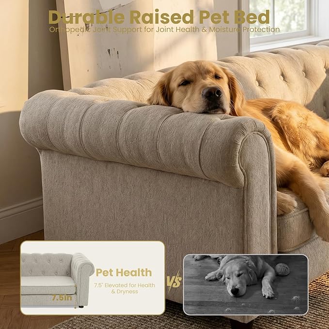 Elevated XL Large Dog Sofa with Backrest and Armrests, 55" Button Tufted Dog Couch Bed with Soft Cushion for Large Dogs, Stylish Lounging Bed Pet Couch Chair, 120Lbs Weight Capacity, Beige