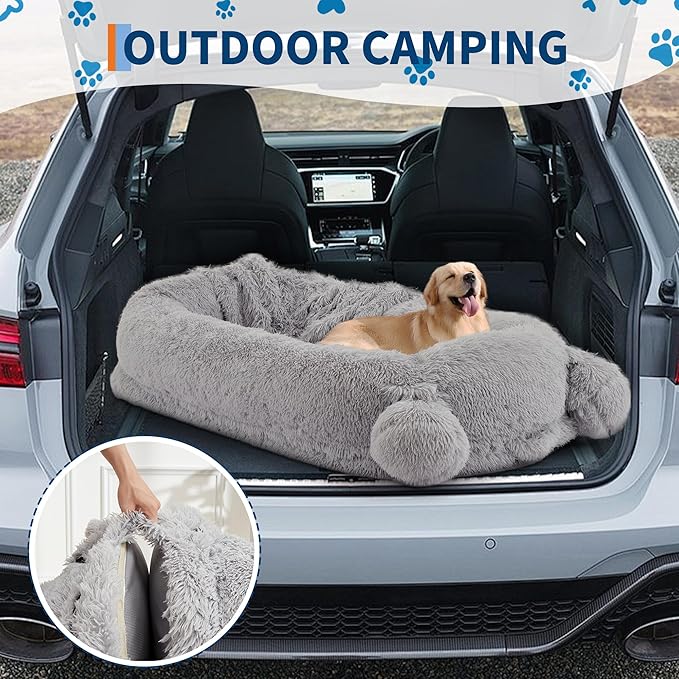 GarveeHome Human Sized Dog Bed, 71" x 45" x 12" Large Dog Bed with 2 Storage Pockets, Fluffy Faux Fur Orthopedic Pet Bean Bed for Adults & Giant Pets - Grey