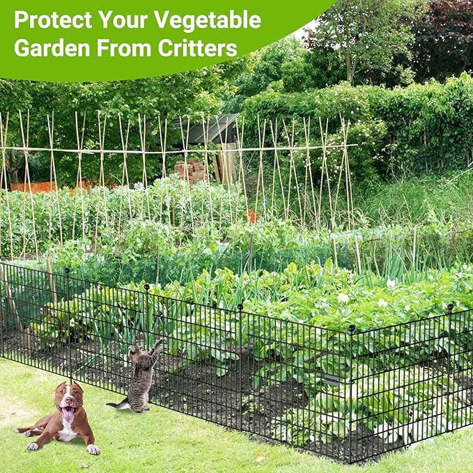 5 Panels No Dig Decorative Outdoor Garden Fence with Gate for Yard, 32 in(H) X 11.8 ft(L) Animal Barrier Fencing Rustproof Metal Wire Panel Border for Dog, Rabbits, and Patio Temporary Ground Stakes