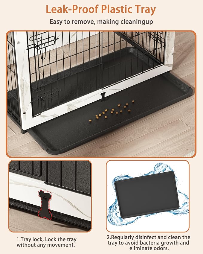 Megidok Wooden Dog Crate Furniture with Cushion,Large Dog Crate End Table with Tray, Double Doors Kennels Indoor (43.1" L*28.6" W*30.3" H, Marble White)