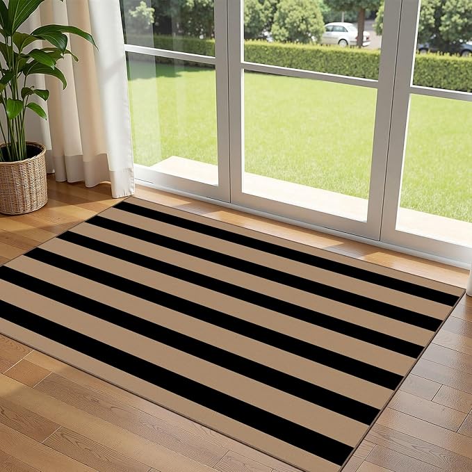 Black Tan Striped Entry Rug