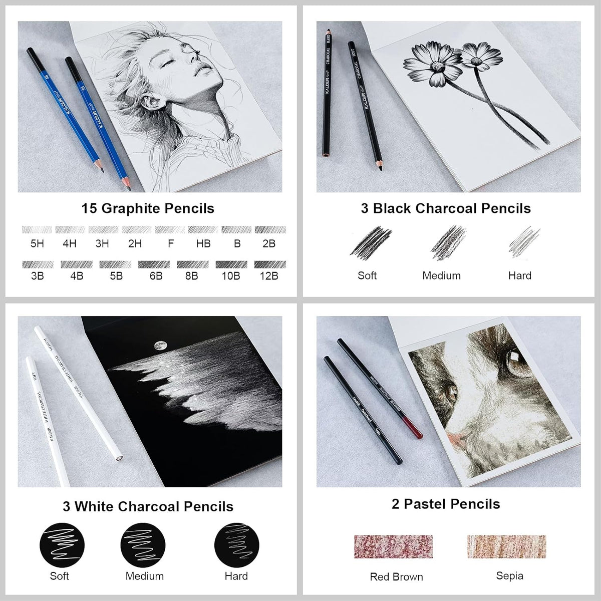 KALOUR PDAS 127 Drawing Set Sketching Kit, Pro Art Supplies with 3-Color Sketchbook & Coloring Book, Neon, Colored, Watercolor, Metallic, Graphite, Charcoal Pencils, Gift for Artists Adults Teens
