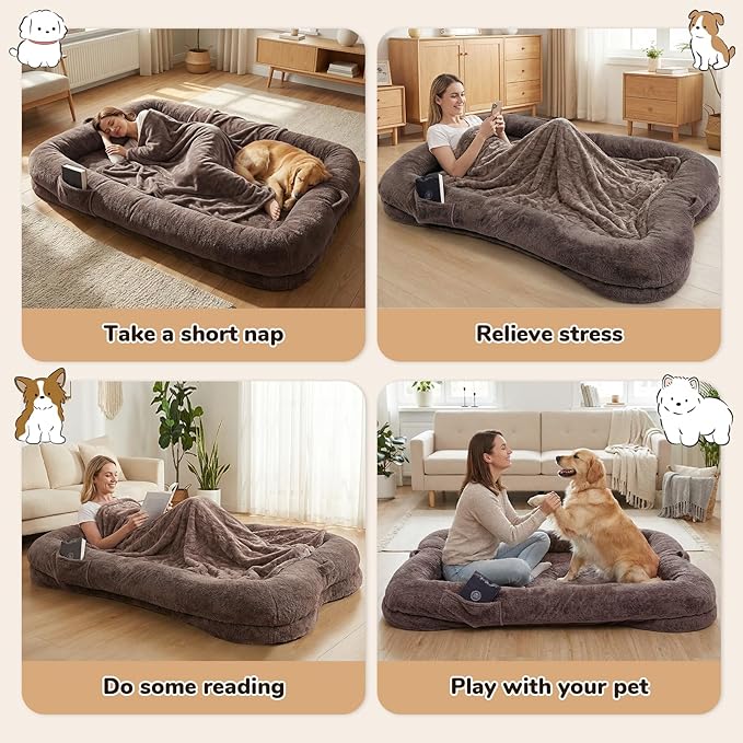 Human Dog Bed, 71 x 47 x 12 in Washable Extra Large Dog Bed for People, Giant DogBed with Storage Pockets, Brown