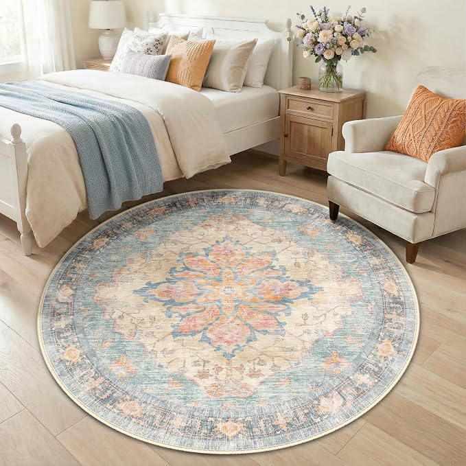 RELEANY Area Rugs Round 5ft Washable Non-Slip, Floral Vintage Distress