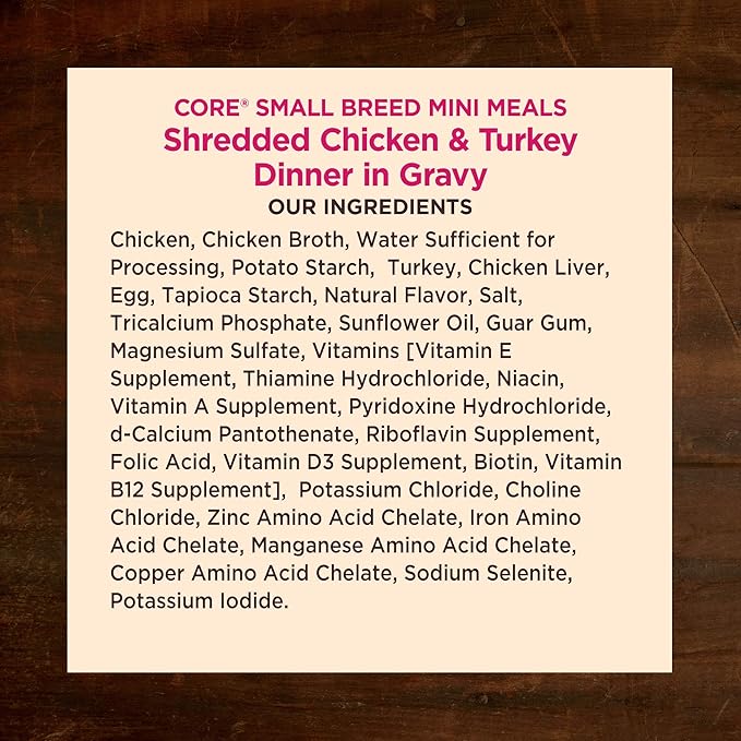 Wellness CORE Natural Grain Free Small Breed Mini Meals Wet Dog Food, Shredded Chicken & Turkey Dinner in Gravy, 3-Ounce Pouch (Pack of 12)