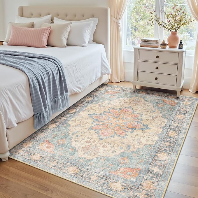 RELEANY Area Rugs 4'x6' Washable Non-Slip, Floral Vintage Distress Medallion