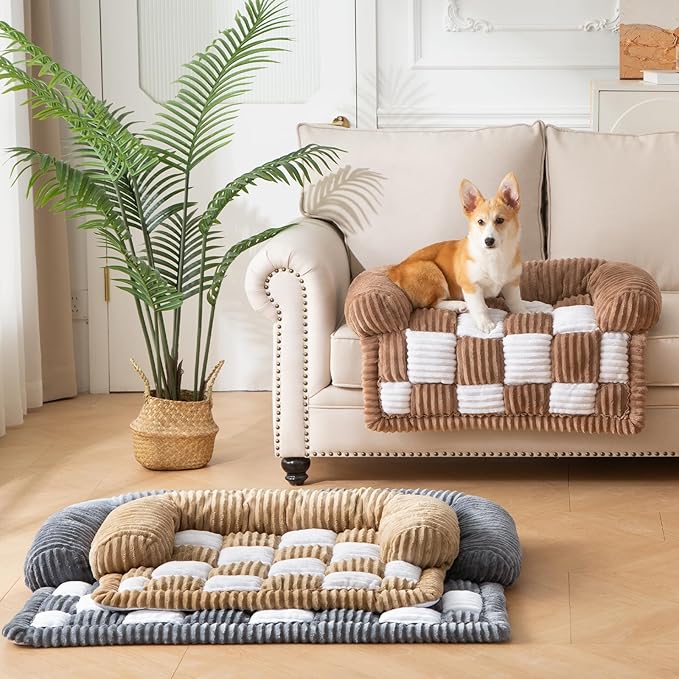 Dog Bed for Couch with Bolster, Comfy Couch Cover for Dogs Washable, Non-Slip Plush Furniture Protector, Calming Fuzzy Lounge Mat, Pet Sofa Accessories (Brown, X-Large)