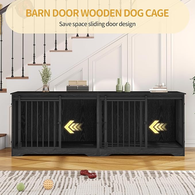 78" Dog Crate Furniture for 2 Dogs, Double Dog Cage with Divider, Wooden Heavy Duty Dogs Kennel, Pet Cage with Barn Door, TV Stand for Large Small Medium Pet, Black DFC83704B