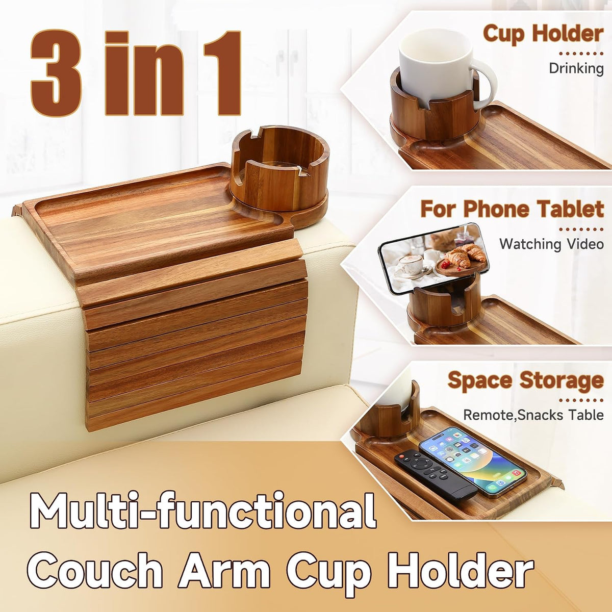 SINWANT Couch Cup Holder Tray,Fit Sofa Armrests 6.3" and Wider,Acacia