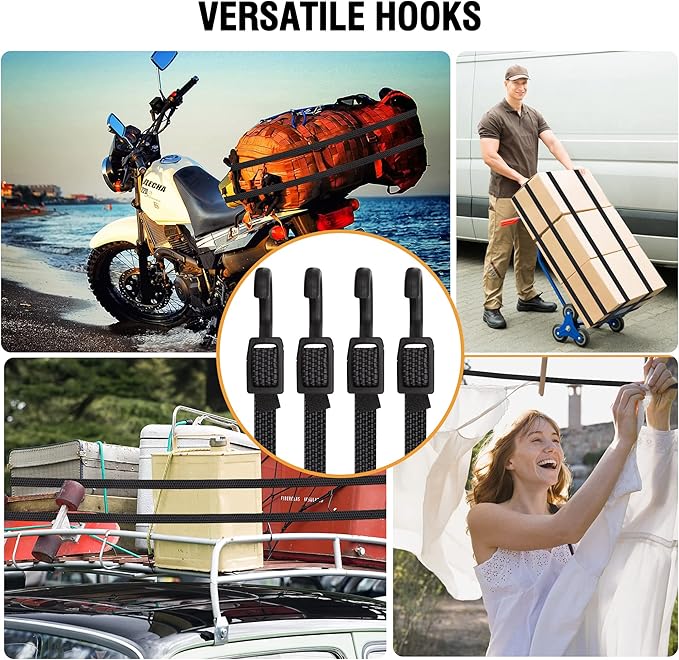 Bungee Cords with Hooks Heavy Duty, Flat Adjustable Bungee Cords with Hooks 60 Inch, Rubber Black Bungee Straps with Buckle Hooks for Outdoor, Camping, Tarps, Bike Rack, Tent, Truck, 4 Pack
