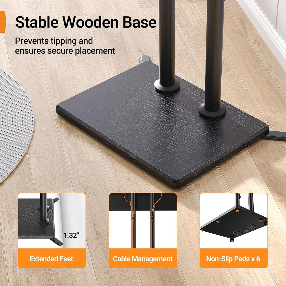 Perlegear Universal Floor TV Stand for 32–75" TVs up to 110 lbs, Height-Adjustable Tall TV Stand with Solid Wood Base & Extra-Stable Anti-Tip Feet, Swivel TV Mount for Bedroom, VESA 400x400, PGFLS34B