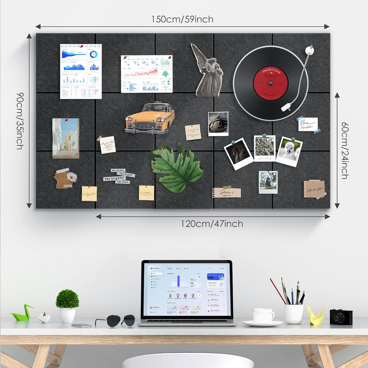 Large Bulletin Board 59" X 36" Cork Boards for Wall Alternative 15 Pack Grey Non-Stripe Felt Bulletin Board 96 Safe Adhesive 35 Push Pins for Office School Home Room Decor