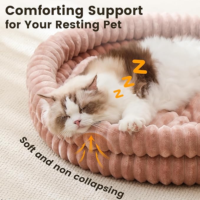 Fluffy Cat Beds for Indoor Cats, Washable Round Orthopedic Kitten Bed, Ultimate Soft Fuzzy Pet Bed for Small Dogs with Non-Slip Bottom, 19.7x19.7x6.3 in, Dark Pink