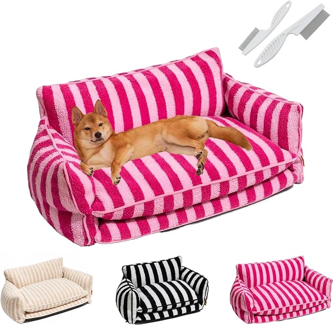 Lazy Holiday Plush Cozy Dog & Cat Sofa Bed, Teddy Velvet Dog Bed, Trendy Striped Faux Lambswool Double Layer Dog & Cat Sofa Bed Dogs Sleeping Mat for Medium Small Dogs & Cats (Pink,L)