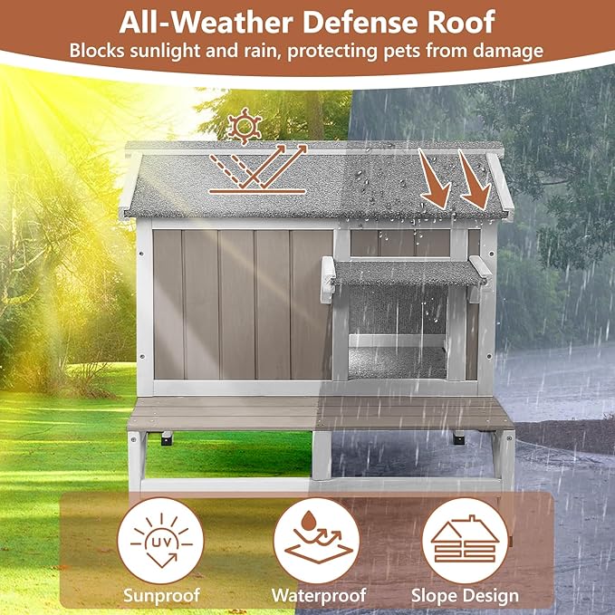 Small Insulated Cat House Weatherproof, Wooden Feral Cat House Outdoor with Cat Scratching Cloth, Balcony, Internal Dividers, Outside Indoor Cats Shelter with PVC Curtain Door, Openable Roof, Grey