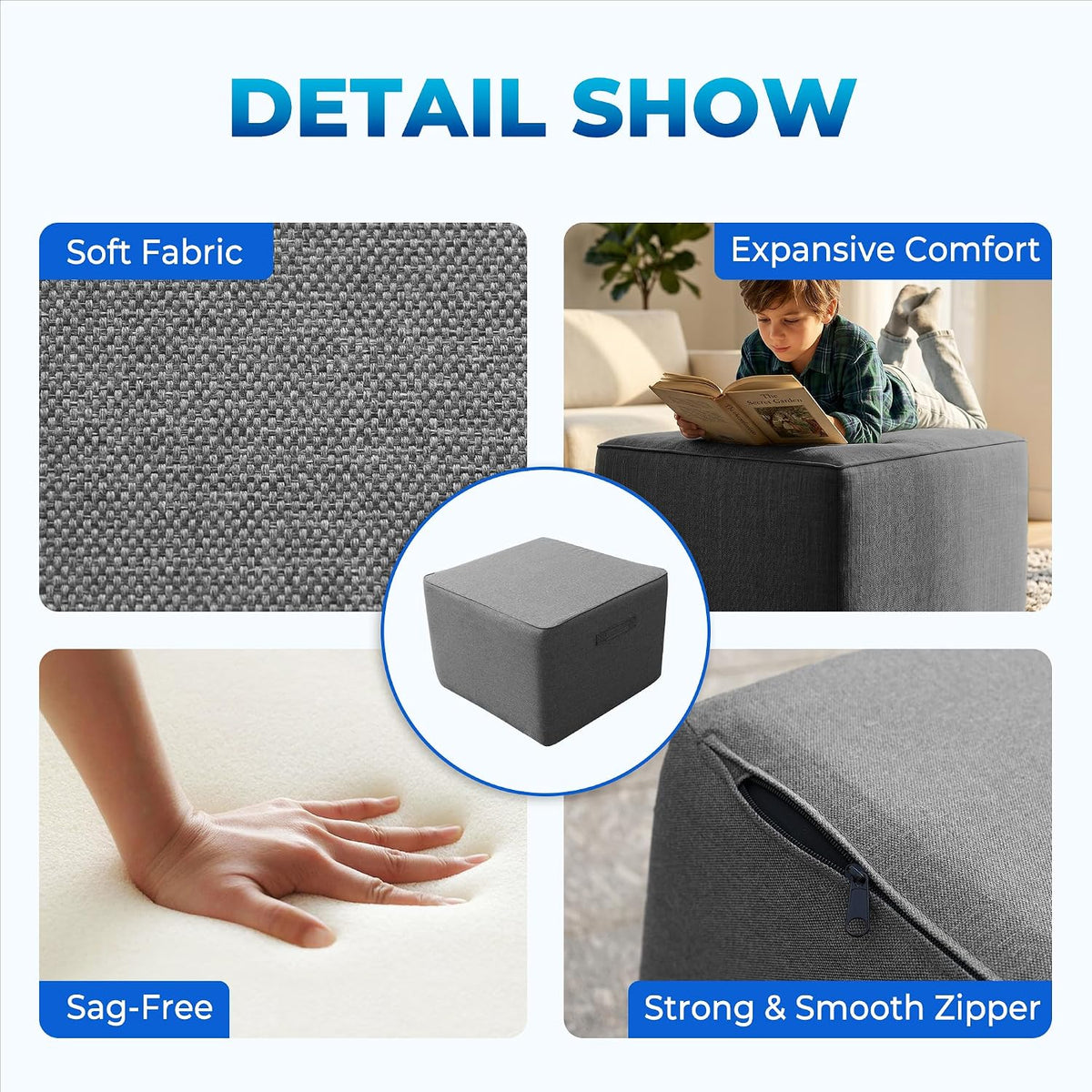 Square Outdoor Ottoman Pouf, 24" Waterproof Patio Foot Rest, Dark Gray