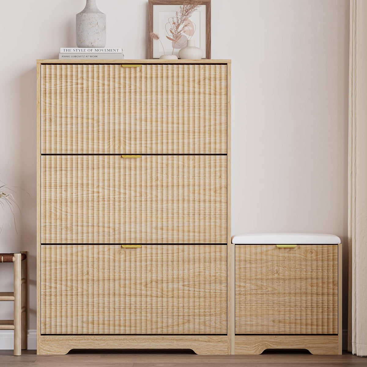 BORNOON Slim Shoe Cabinet with Bench for Entryway, Hidden Storage and Adjustable Shelves, Free Standing Wooden Shoes Organizer for Hallway, Foyer