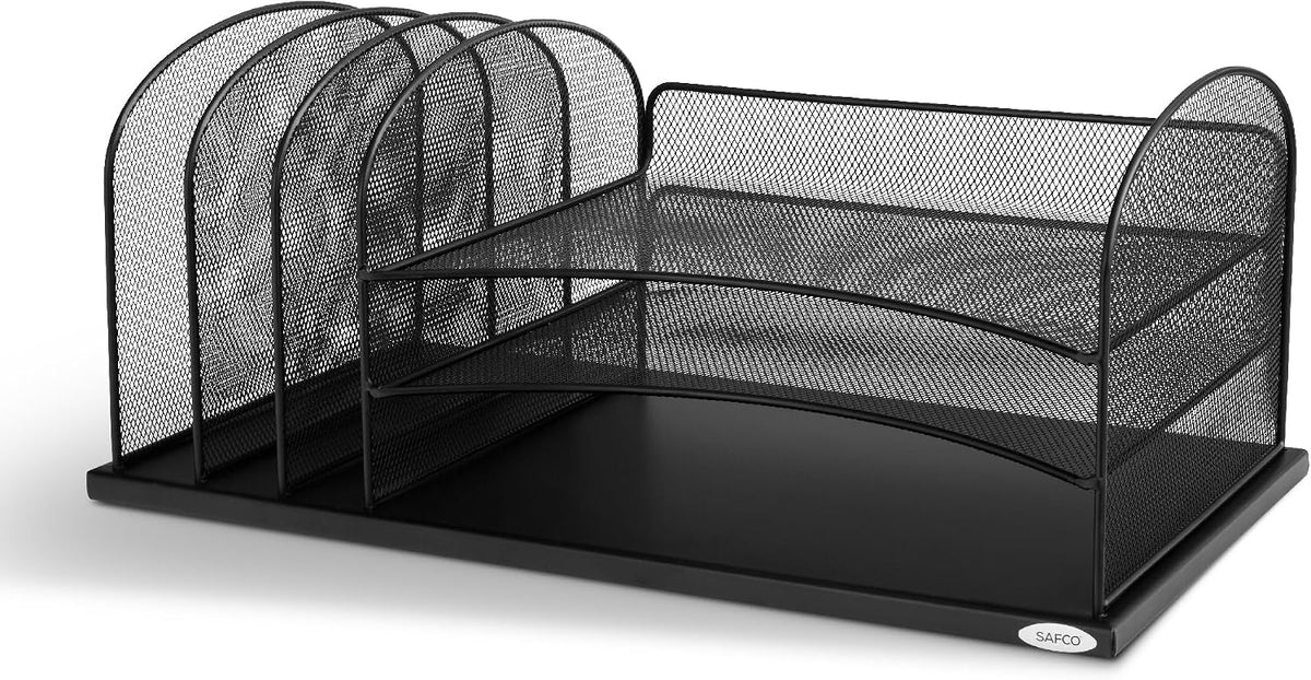 Safco Onyx Desk Organizer, 3 Vertical Compartments and 3 Trays, Office and Classroom Mailbox , Paper and Mail Sorter, Steel Mesh, Black