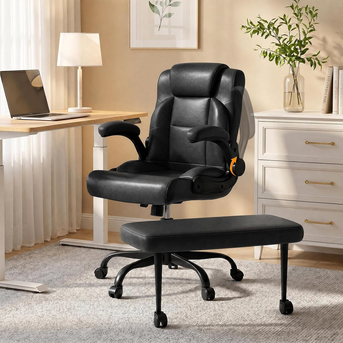 Cross Legged Office Chair with Arms, Wide Criss Cross Chair with Wheels, 360° Rotating Footrest, Height Adjustable Swivel Chair for ADHD, Heavy Duty Ergonomic Office Chair for Home Office Relaxing