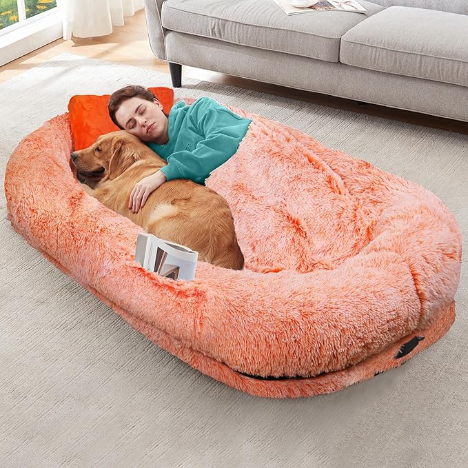 YAEM Human Dog Bed for Adult and Pets - 71"x45"x12" Dogs Beds for Humans with Washable Faux Fur Cover, Plump Pillow, Blanket, Orthopedic Design, Strap-OrangeWhite