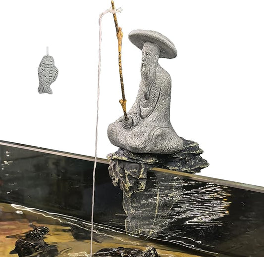 LIYAOLI Japanese Zen Fisherman Statue - Sandstone Mini Figurine for Aquarium Decor, Fish Tank Decorations, Zen Garden & Home Ornament - Asian Sitting Fishing Sculpture
