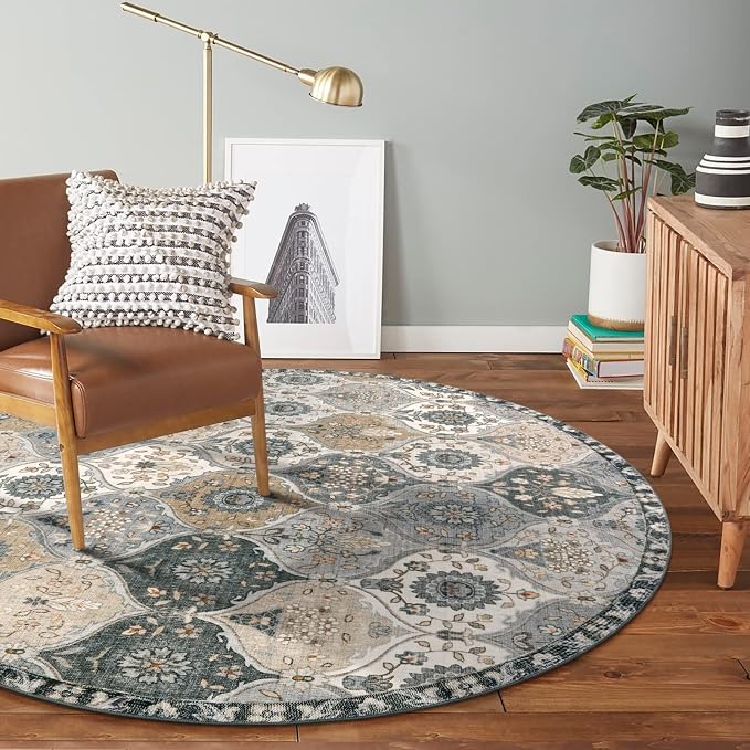 Lahome Moroccan Washable Round Area Rug, Soft Vintage Round Rugs 6ft