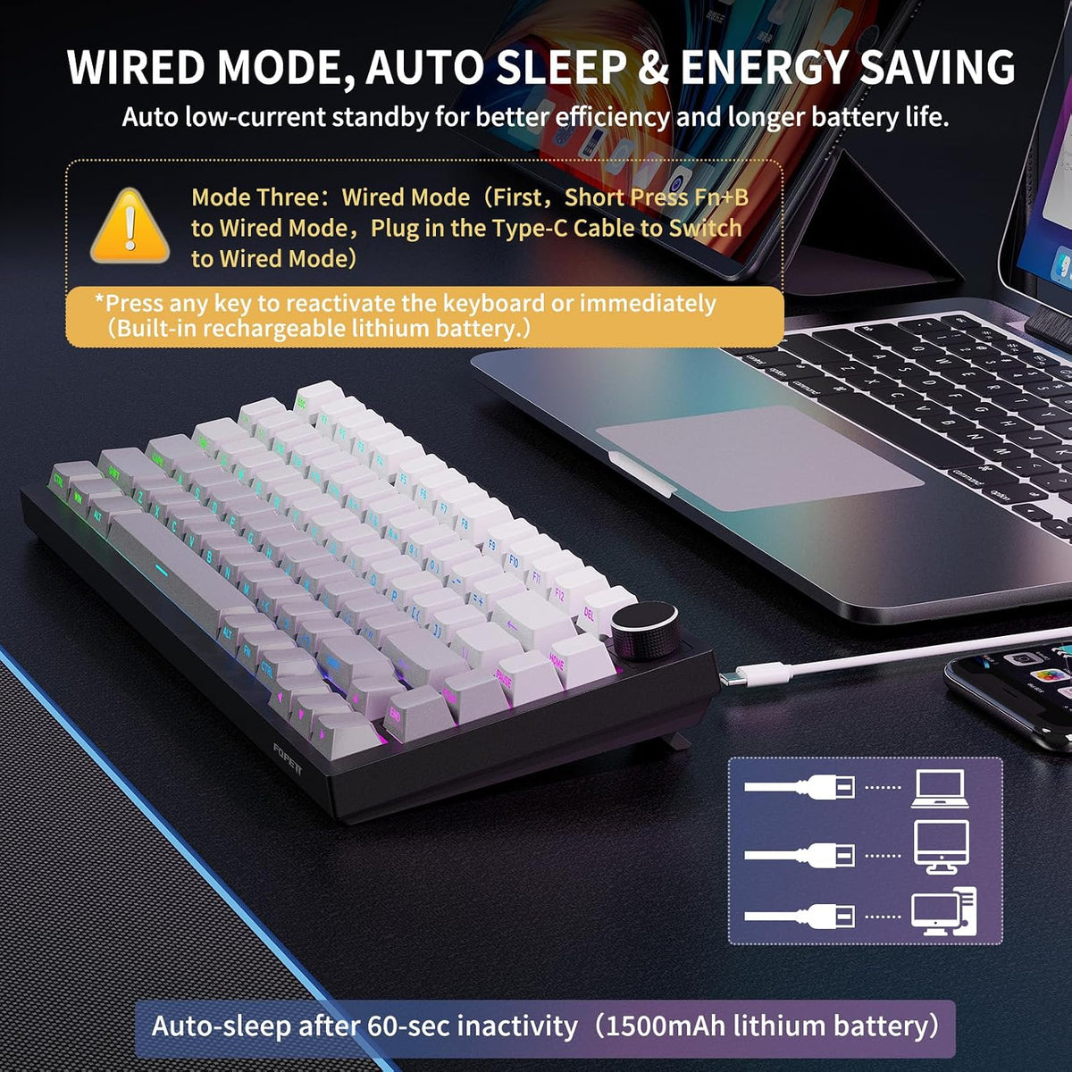 FOPETT Wireless Mechanical Keyboard Rechargeable Adjustable Backlight Three Mode Wired /2.4G /Bluetooth Side Engraved for Laptop/Windows/PC - Gradient Grey Black
