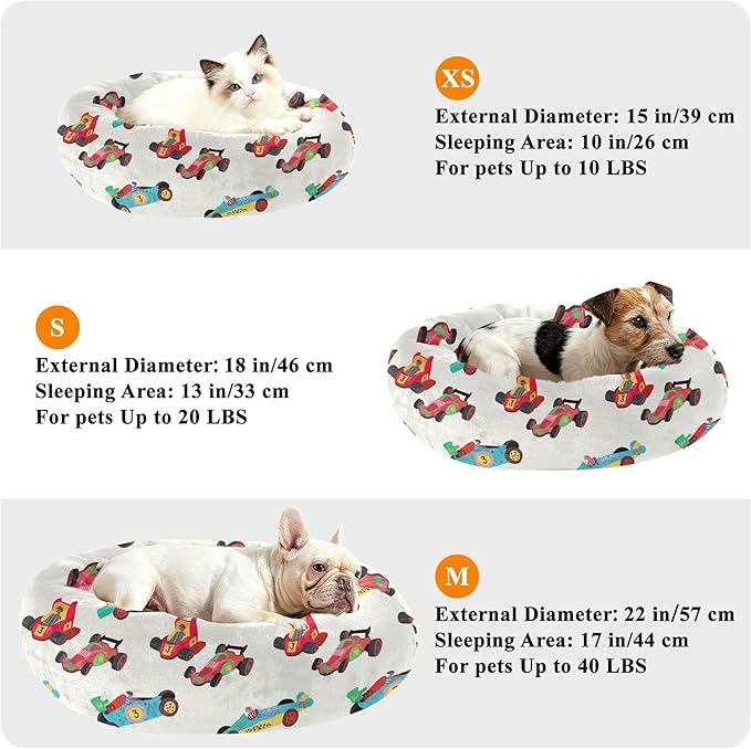 Dog Bed Race Cars Sleeping Pet Bed with Anti-Slip Bottom for Small Medium Dogs and Cats, Round Calming Sleeping Washable Puppy Beds 20 in