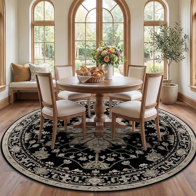 RELEANY Area Rugs Round 7ft Washable Non-Slip, Floral Vintage Distress