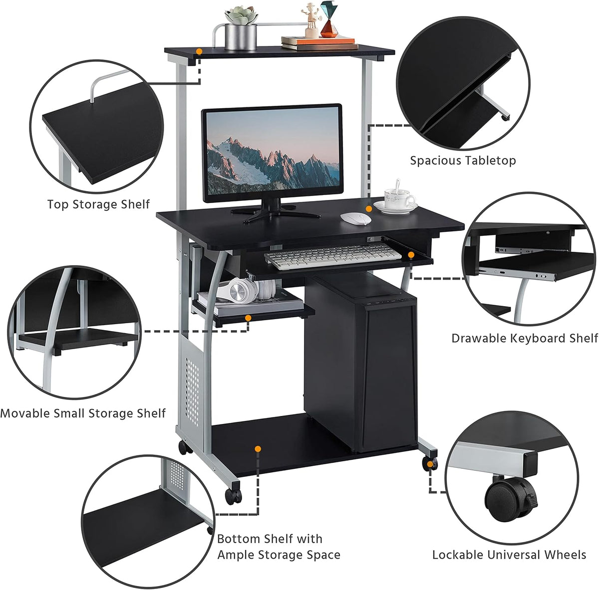 Yaheetech Small Rolling Computer Desk with Hutch and Storage Shelves, Black