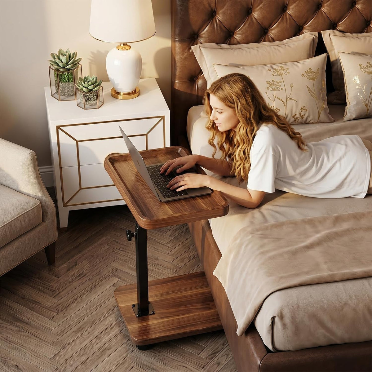 C Table with Wheels, Adjustable Height, 360° Swivel Bed Tray Table