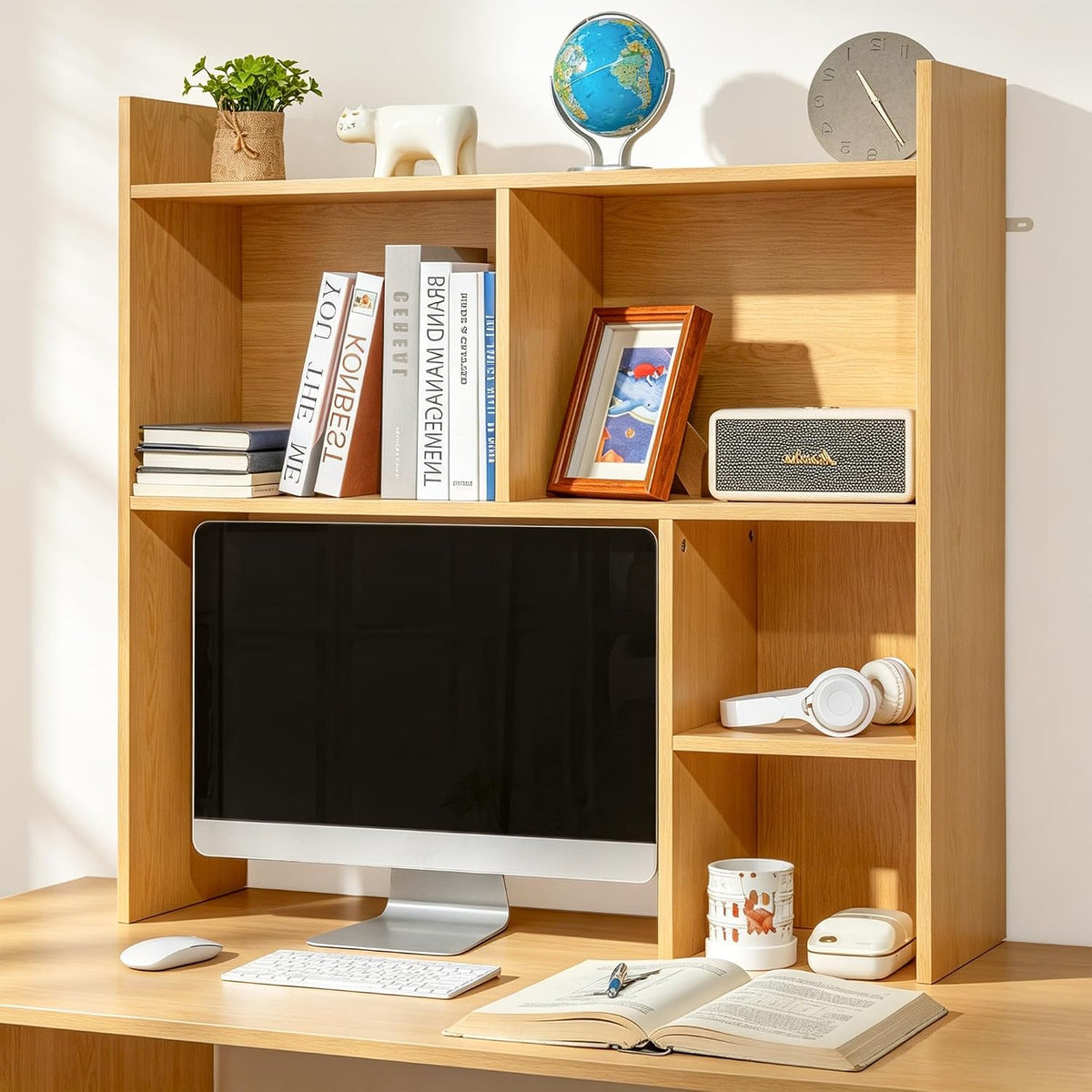 deli Desktop Shelf, Desk Hutch with 5 Shelves for Computer Desk, Natural