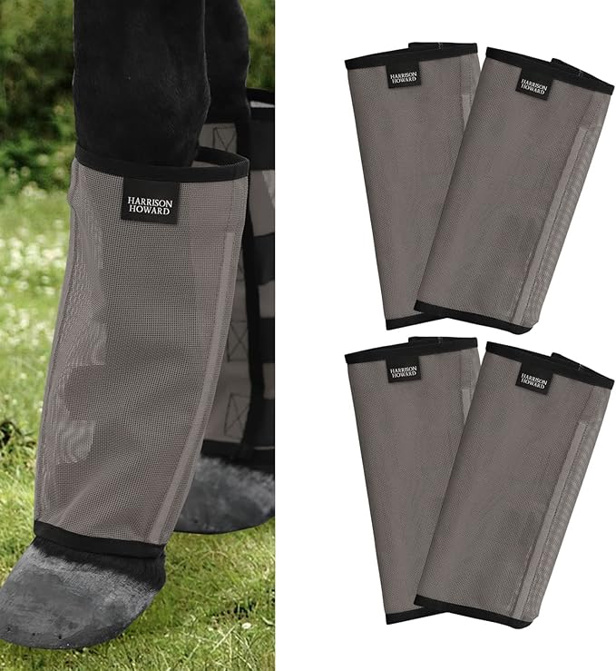Harrison Howard Loose Fitting Fly Boots UV-Protective Extra Tough Mesh Ventilated Four Fasteners Stay-on Design Protect Horse Legs & Stomp-Reducing Set of 4 Dark Grey Large